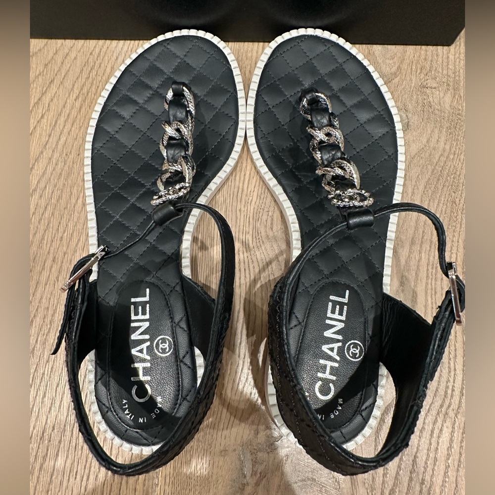 Chanel Black Sandals with Silver Chain Accent - Picture 8 of 13